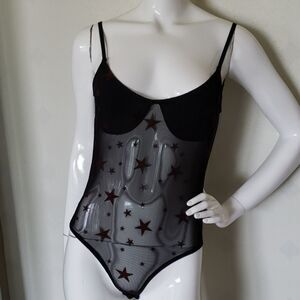 HONEY PUNCH NWOT womens M black sheer & velvet stars onesie